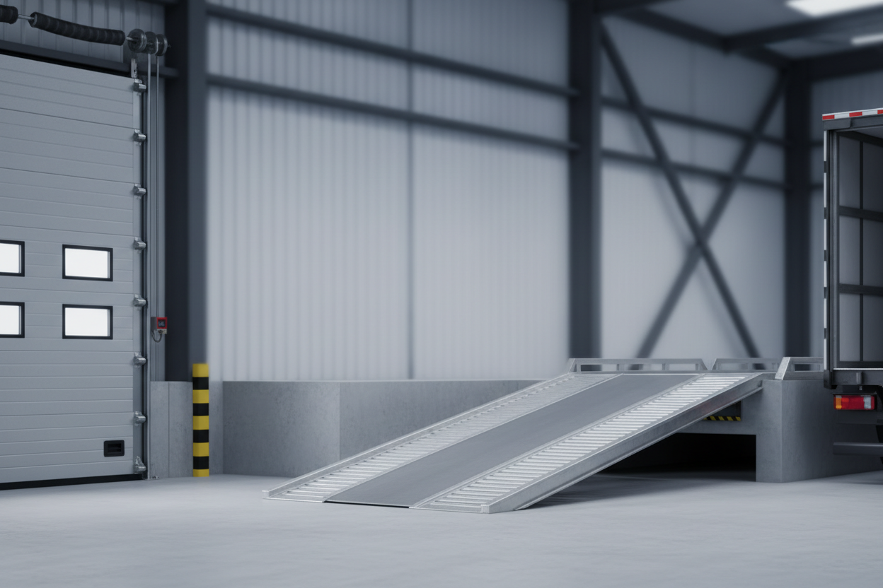Überladebrücke in einer Verladezone mit Hydraulikschlauch, Anfahrpuffer und Dock Shelter zur Prüfung und Wartung von Verladetechnik