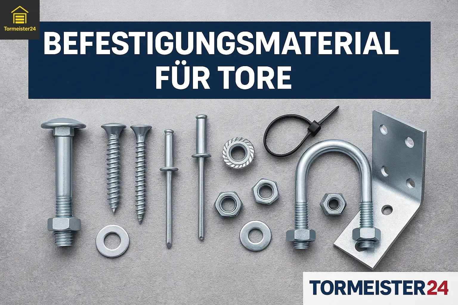 Befestigungsmaterial für Tore im Überblick: Schrauben, Muttern, Nieten, U-Bügel und Winkel – hochwertige Verbindungselemente für Sektionaltore und Industrietore.