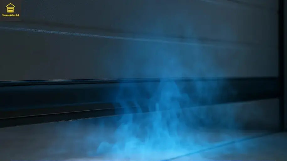 Garagentor mit sichtbarem Lichtspalt unten, magnetischer DoorMag Spaltabdichtung und seitlichen Schutzplatten gegen Mäuse und Ratten von Tormeister24.