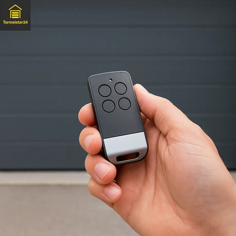 Person hält modernen Handsender vor geschlossenem Garagentor