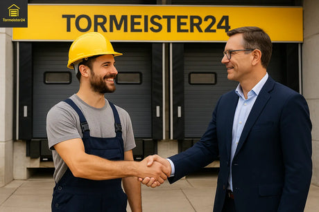 Industrietor und Verladebrücke an moderner Laderampe eines Logistikbetriebs