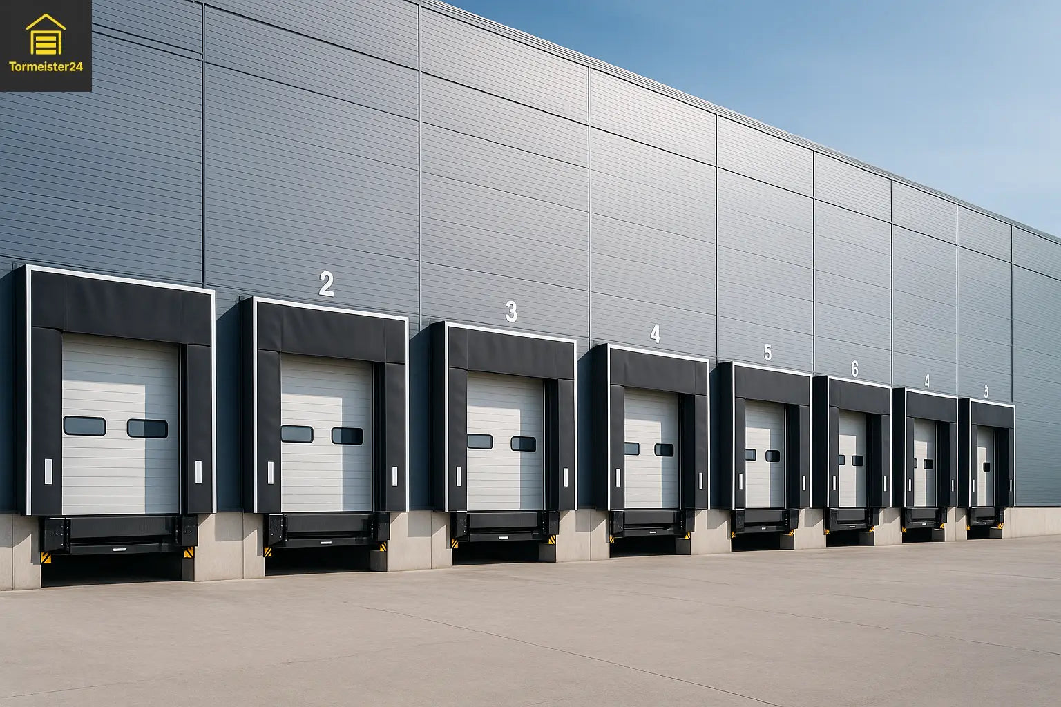 Logistikhalle mit mehreren Industrietoren und Verladebrücken in Reihe