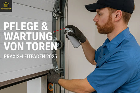 Mann überprüft Laufrollen und Scharniere an einem Garagen-Sektionaltor mit Taschenlampe – Wartung für lange Lebensdauer