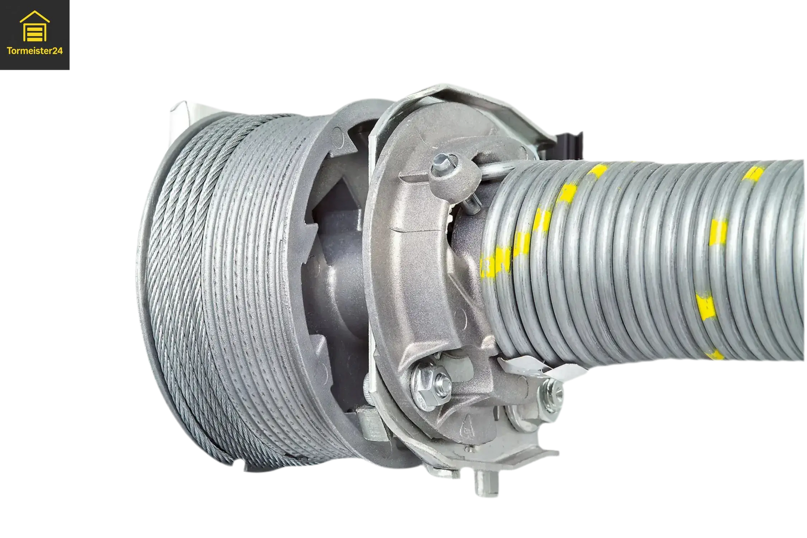 Sektionaltor-Bauteile im Überblick: Torsionsfedern, Drahtseile, Lagerkonsolen und 1″-Wellenkupplungen – mit Markierungen zum Messen von Draht- und Federdurchmesser.