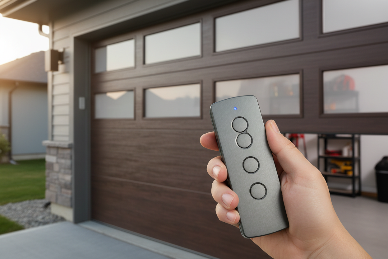 Modernes Garagentor mit elektrischem Garagentorantrieb, Handsender und Antriebsschiene – passende Nachrüstung mit Zubehör und Fachberatung von Tormeister24.