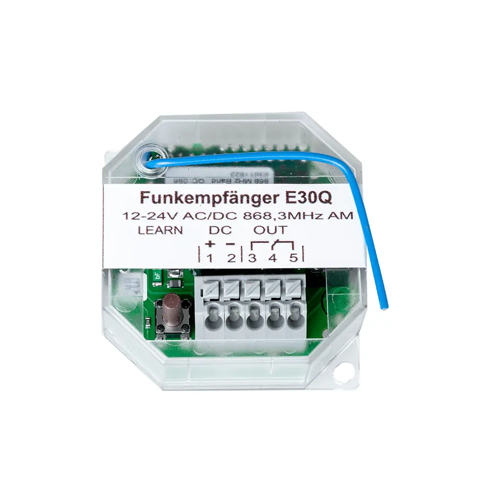 Funkempfänger 1-Kanal 868 MHz für Toranlagen

Empfänger 868 MHz 1-Kanal 12–24 V AC/DC

Garagentor Empfänger 1-Kanal 25 Speicherplätze

Universal Funkempfänger 868 MHz für Handsender

Empfänger 1-Kanal Torsteuerung kompatibel 868 MHz

Ersatz Empfänger 1-Kanal 868 MHz Funksteuerung

Kompakter Empfänger 868 MHz mit 25 Speicherplätzen

Funkempfänger 1-Kanal 868 MHz für Fremdsysteme

Steuerungsempfänger Toranlage 1-Kanal 868 MHz

Funkempfänger Zubehör 868 MHz 12–24 V